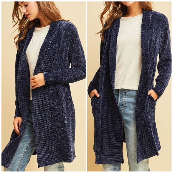 Softest Chenille long cardigan in Navy - Picture 2 of 5